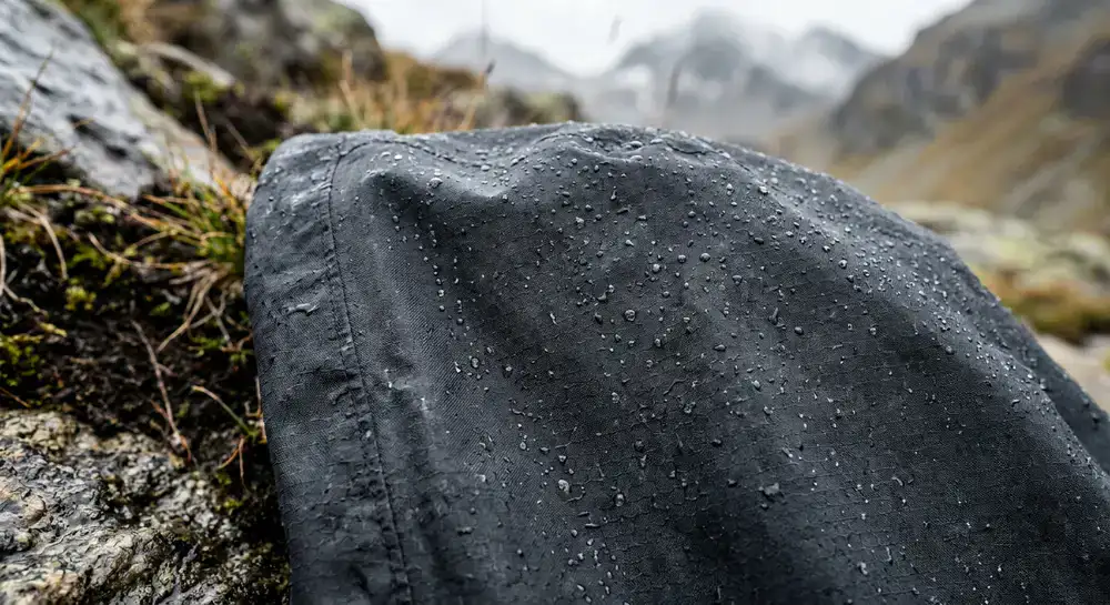 Dettaglio di un tessuto tecnico resistente all'acqua in natura