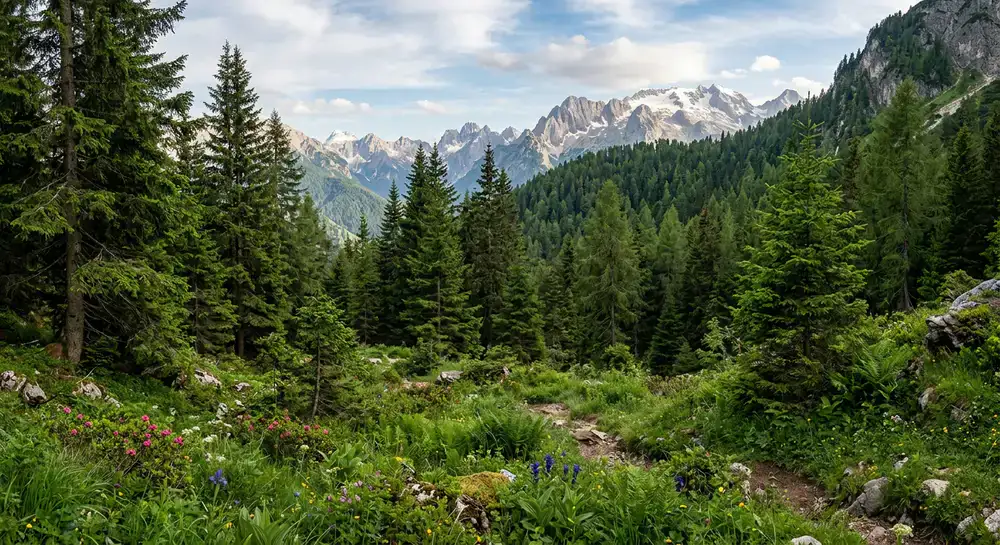 Foresta alpina lussureggiante che rappresenta la conservazione della natura