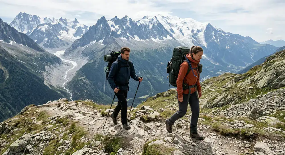 Escursionisti con abbigliamento tecnico Klymetoq sulle Alpi