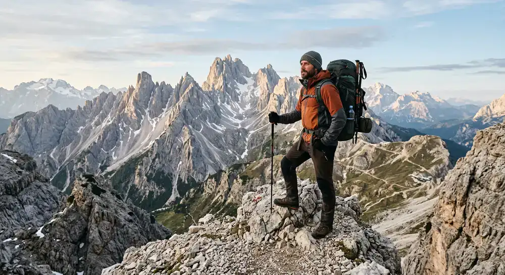 Escursionista equipaggiato Klymetoq su una vetta alpina rocciosa