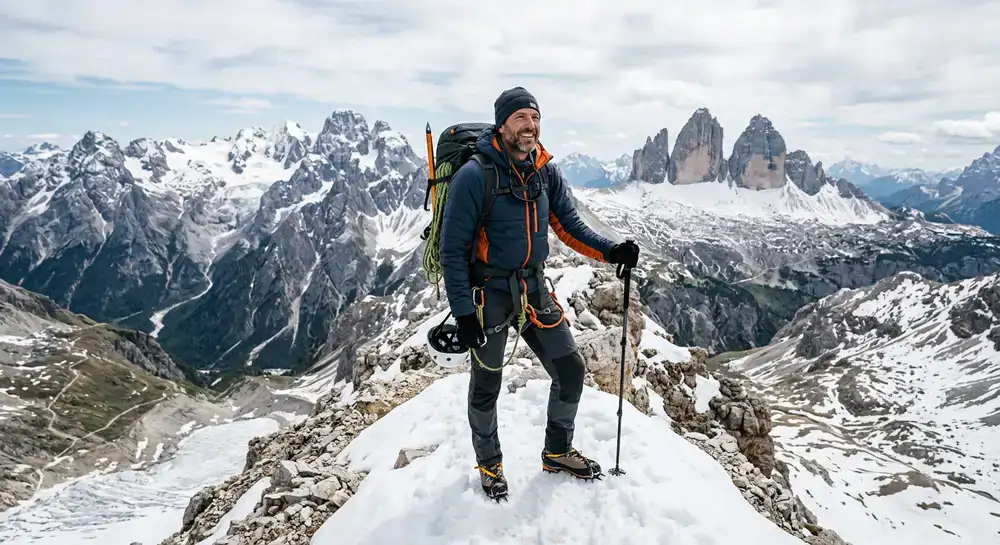 Alpinista che indossa abbigliamento Klymetoq Outdoor su una vetta