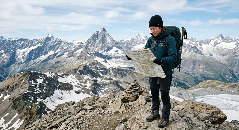 Escursionista che consulta una mappa in cima a una montagna
