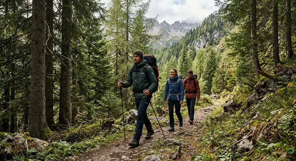 Escursionisti in una foresta alpina indossando abbigliamento Klymetoq