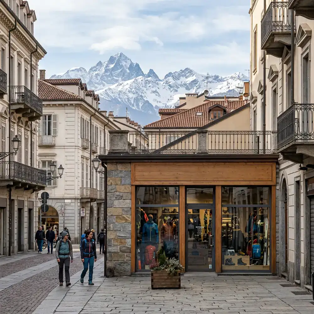 Il nostro negozio Klymetoq Outdoor a Torino circondato dall'atmosfera urbana ed alpina